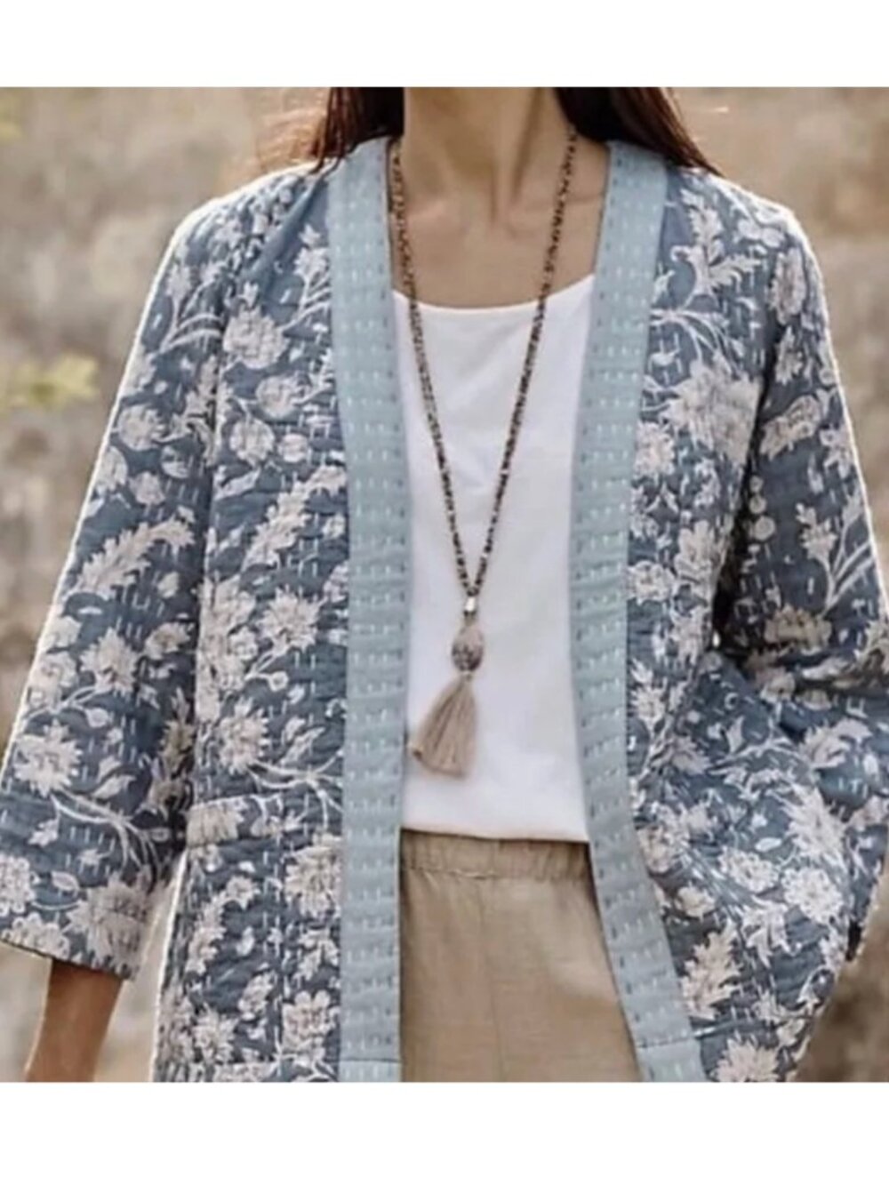 J Jill Blue Floral Quilted Kantha Stitched Open Front Jacket S Cottage Pockets